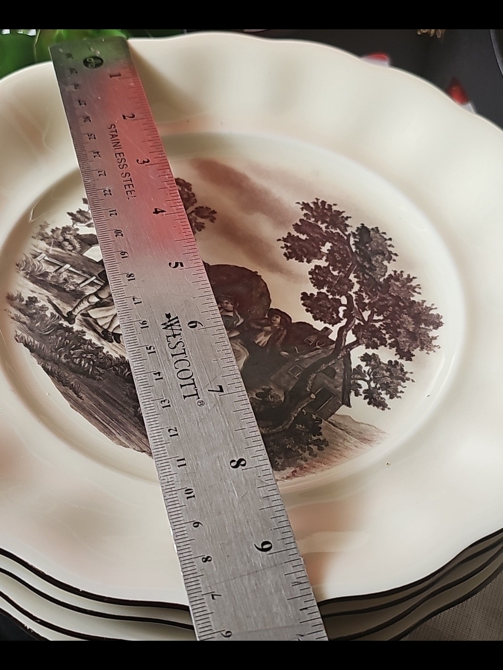 Vintage Beige Dinner Plates with Brown Scenic Transferware, Set Of 2 - Picture 4 of 6